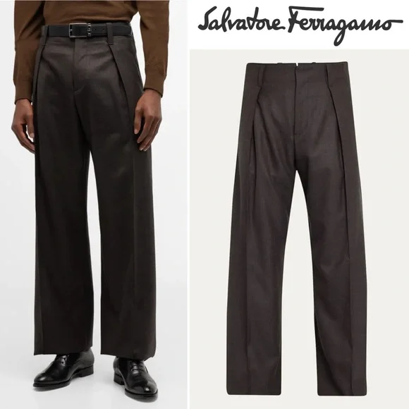 NWT Ferragamo Men’s Pleated Wool Trousers Toni Ganache Brown 52 IT US 36 Pants